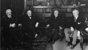 The Big Four at the Paris Peace Conference, 1919.  Left to right:  Vittorio Orlando (Italy), David Lloyd George (Great Britain), Georges Clemenceau (France), Woodrow Wilson (United States).