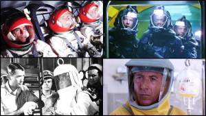 Operating in deadly environments. Clockwise from top: James Franciscus, Gene Hackman, and Richard Crenna in the 1969 space drama Marooned (photo: Movie Hunger); Peter Coyote, Samuel L. Jackson, and Dustin Hoffman under the sea in Sphere (photo: Torrent Garden); Gregory Peck sends John Meillon ashore in the radiation charged atmosphere of San Diego in the film adaptation of On the Beach (photo: Senses of Cinema); Dustin Hoffman in a virus-infected hot zone in Outbreak (photo: ET Online).