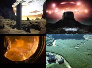 The search of the “Interstellar Other” in film.  Clockwise from top left:  A mysterious monolith enlightens pre-human primates in 2001:  A Space Odyssey (“Arthur C. Clarke's 3001 to become SyFy miniseries “, Wired.Co.UK, November 4, 2014); arrival of the alien spaceship in Close Encounters of the Third Kind (“Close Encounters of the Third Kind (1977)”, Steven Spielberg Movies, December 18, 2009); crop circles indicate alien activity in Signs (“Signs Movie Review”, MediaCircus.net, 2002); the end of the world according to Knowing (“Movie Review – Knowing”, Firefox.net, March 19, 2009). 